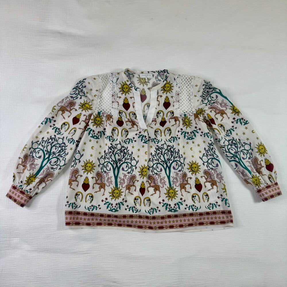 Sandro Paris Azucar Chiffon Blouse Tarot Print Lace Ivory Sz 1 Small Celestial - Picture 13 of 16